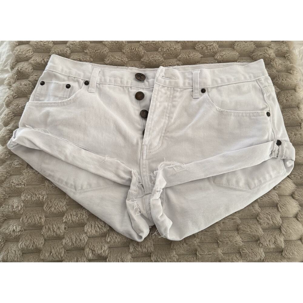 One Teaspoon White Rolled Cuff Button-Fly Denim Shorts